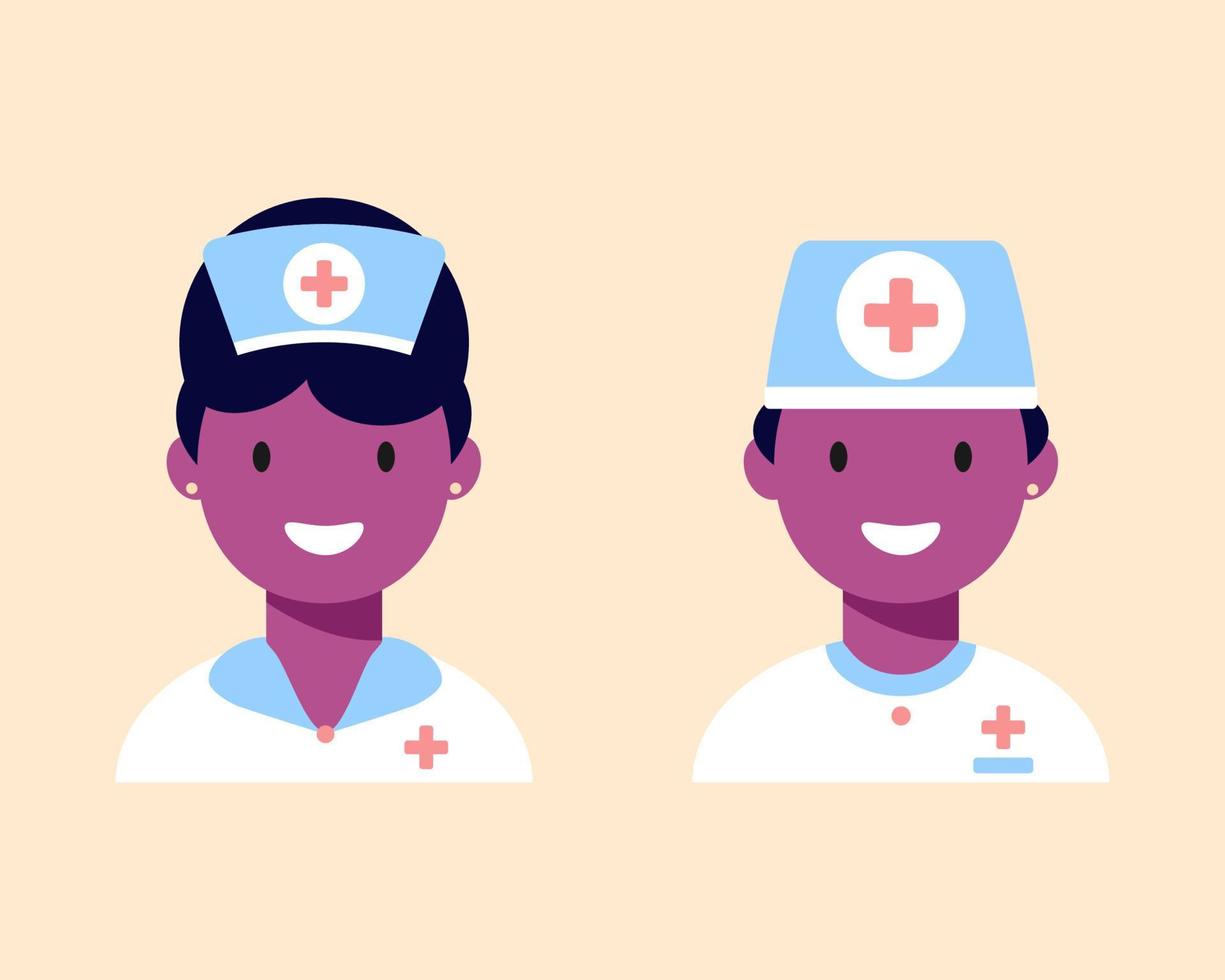 conjunto de avatar médico, médico o enfermero femenino y masculino. personajes afroamericanos. iconos médicos en estilo plano, ilustración vectorial. vector
