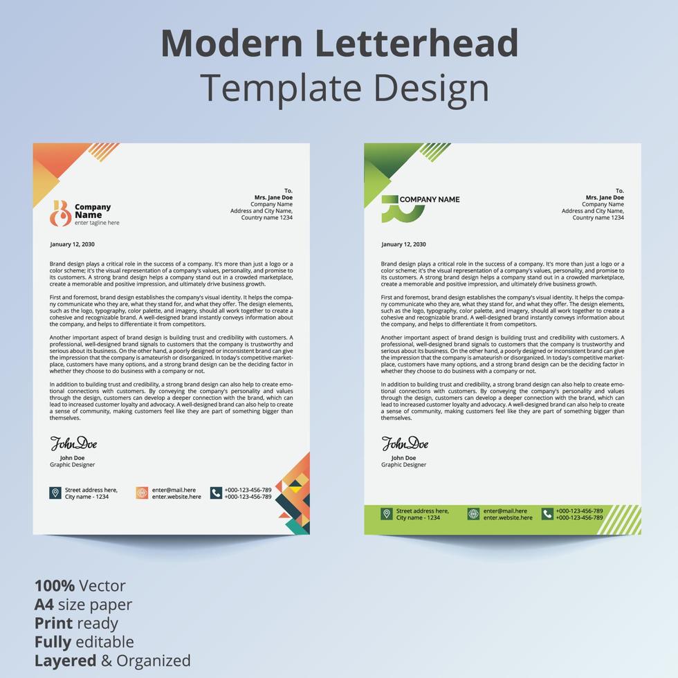 Modern Corporate Letterhead for Business. Orange and green color set. vector