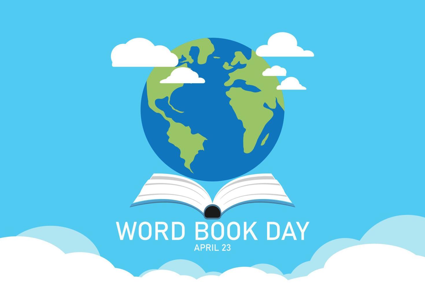 World book day banner. Stack of books and world with open book cloud background. Education vector illustration.