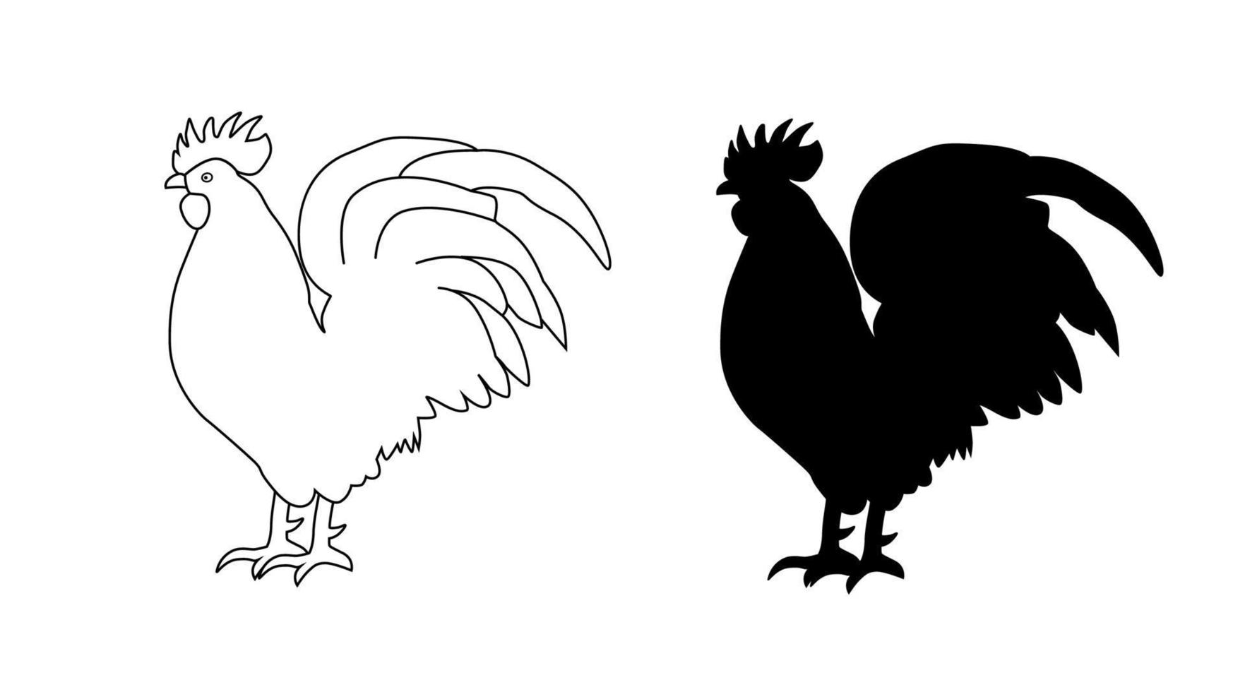Rooster silhouette, rooster line art vector illustration isolated graphic element. Black icon cock design side view profile. One line cock drawing for coloring page.
