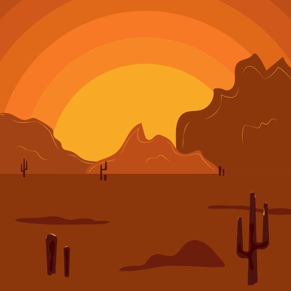 Flat abstract icon, sticker, button with desert, mountains, sun, cactuses on bright orange and brown colors. vector