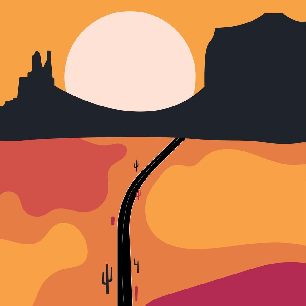 Flat abstract icon, sticker, button with desert, sun, cactuses, mountain and road. vector