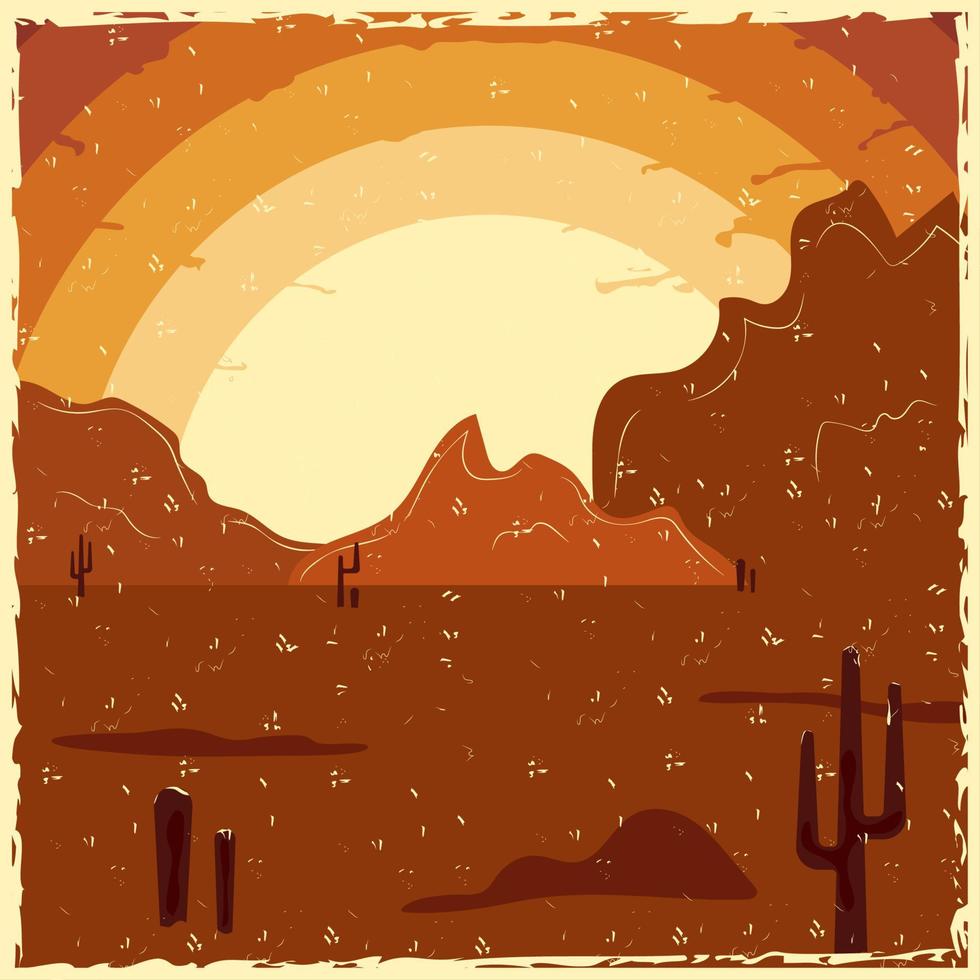 Flat abstract icon, sticker, button with desert, mountains, sun, cactuses on bright orange and brown colors in retro style with scratches vector