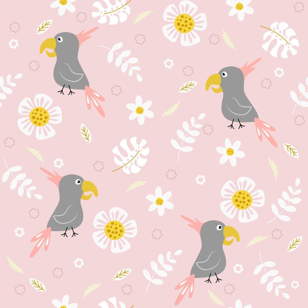 patrón impecable con aves y plantas tropicales, estilo plano de dibujos animados. fondo colorido de verano vector