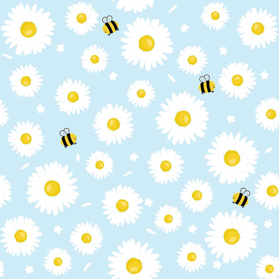 Chamomile flower with funny bee on blue background vector