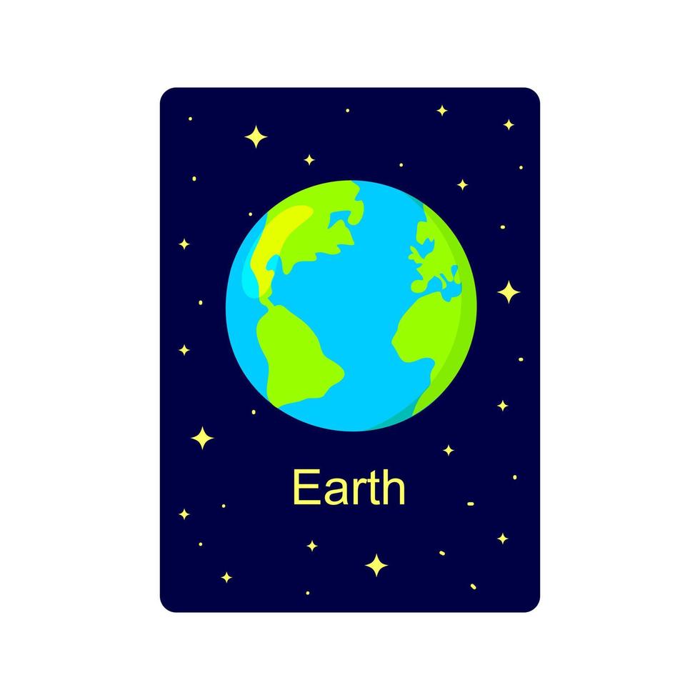 Kids flashcard with Earth planet on dark starry background. Educational handout for schools and kindergartens. Space learning for children vector