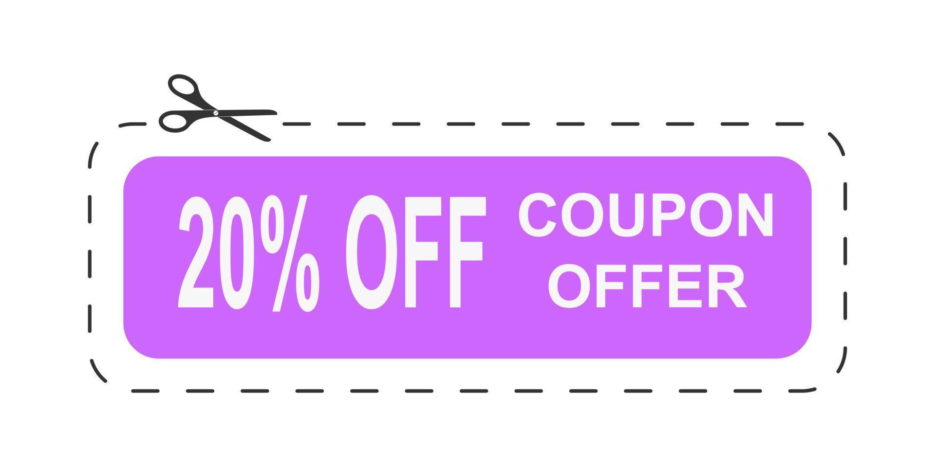 20 percent off price discount. Coupon mockup with dotted cut line and scissors icon vector