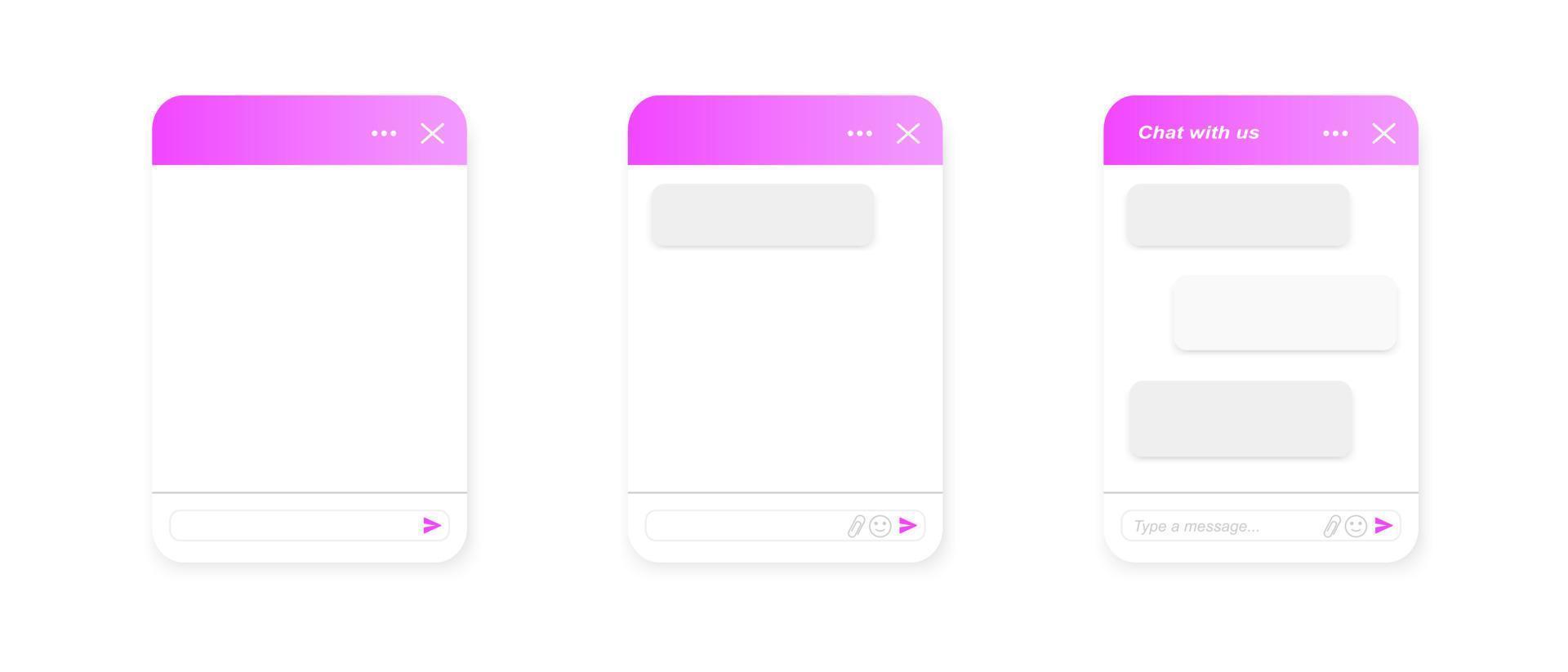 Chat bot pop up screen templates. Life chat windows empty and with message bubbles. Virtual assistant concept. Mobile messenger app design vector