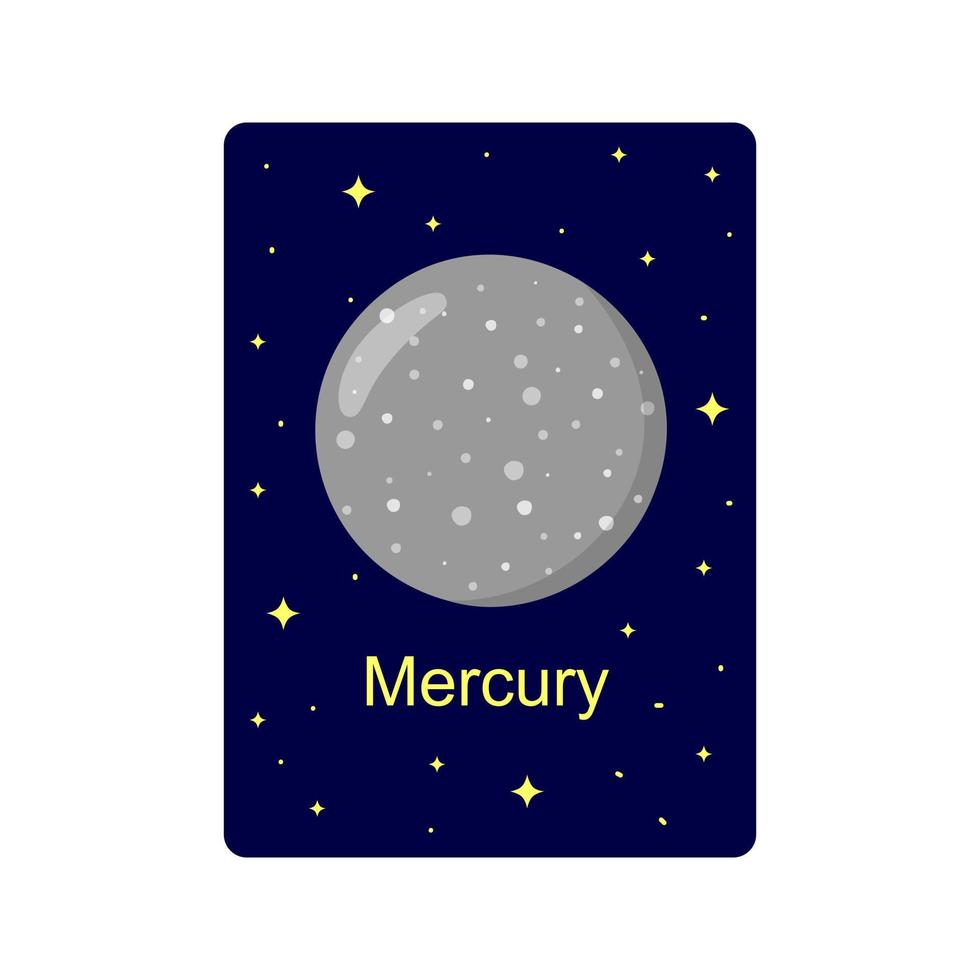 flashcard para niños con planeta mercurio sobre fondo estrellado oscuro. folleto educativo para escuelas y jardines de infancia para el aprendizaje espacial vector