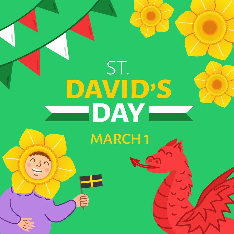 Wales St David's Day Decorations Banner. Wales' national symbol a red dragon and human in a daffodil hats. vector