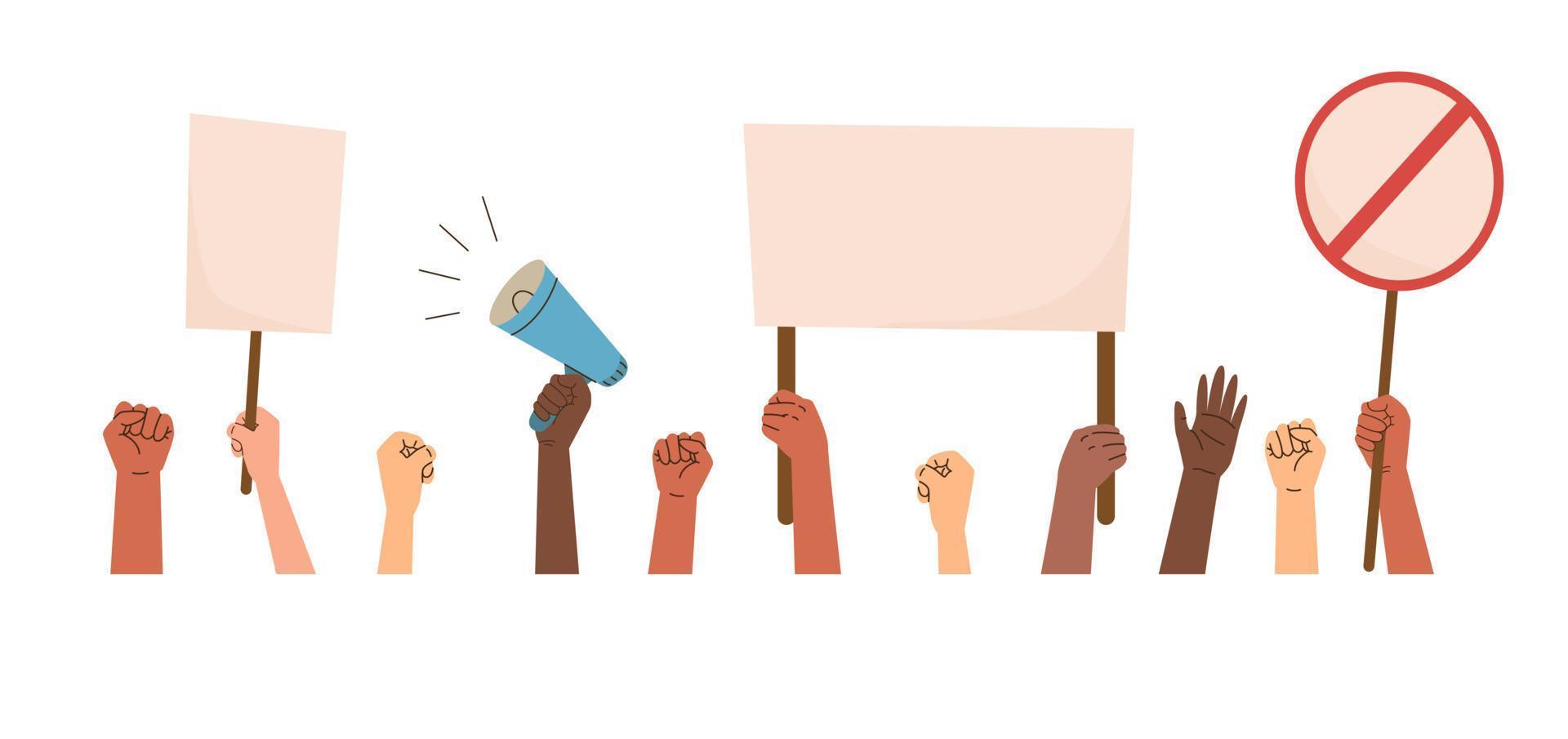 Hands of protesting people with posters and a loudspeaker. Flat vector illustration
