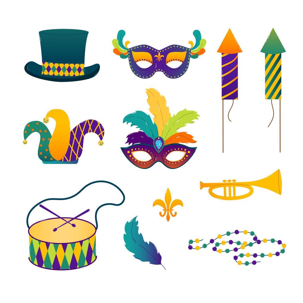 establecer elementos de diseño para el festival mardi gras. artículos de disfraces tradicionales. martes gordo. tarjeta de felicitación, pancarta, póster. ilustración de vector plano degradado