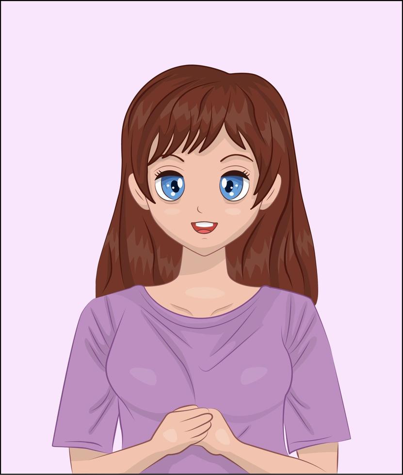 linda chica anime con ojos azules y cabello castaño. vector