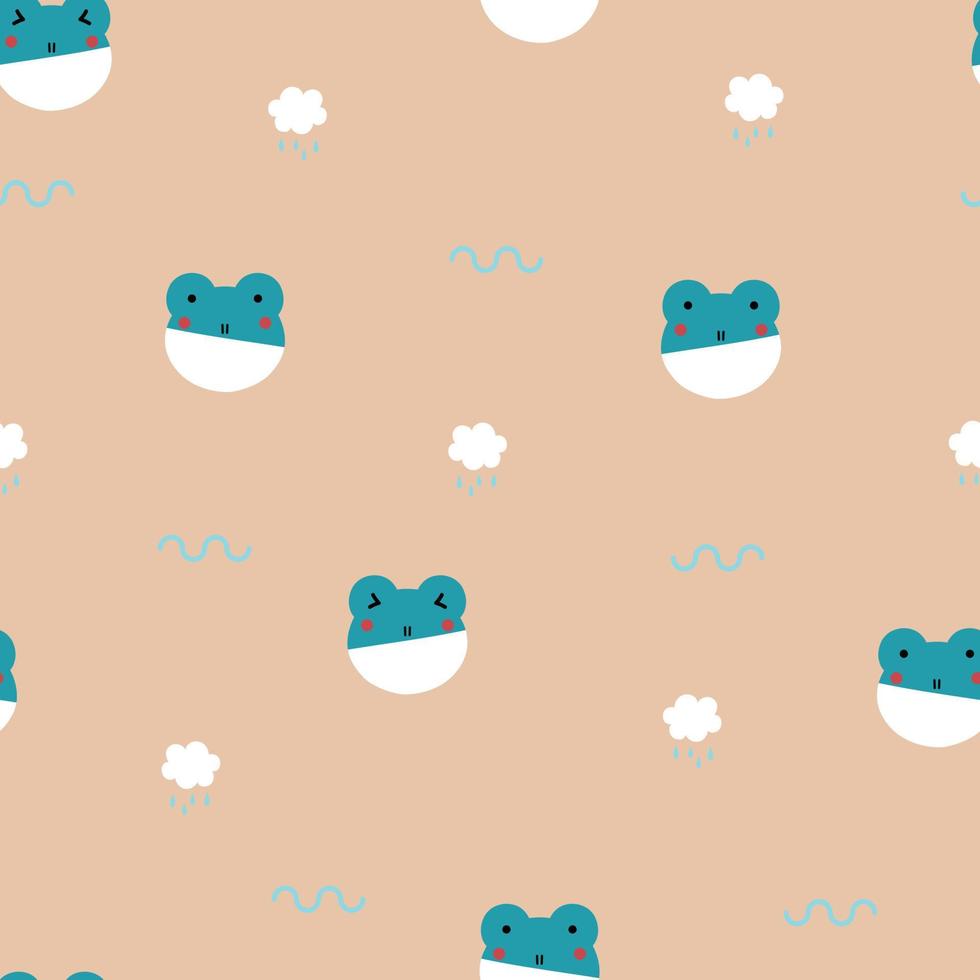 seamless minimal cute and lovely, pastel frog with cloud and rain drop repeat pattern in orange background, flat vector illustration design