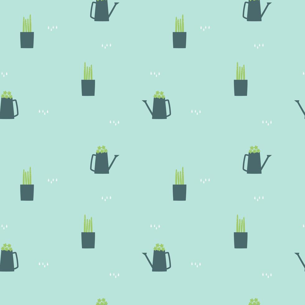 seamless hand drawing cactus and watering can repeat pattern in green background, nature concept, flat vector illustration design
