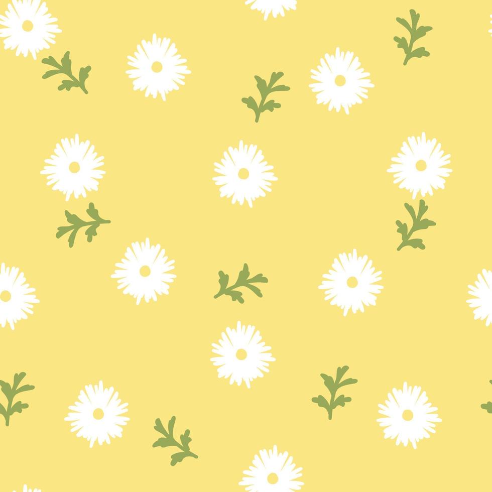 seamless doodle hand drawing daisy flower with leaf repeat pattern in yellow background, flat vector illustration design