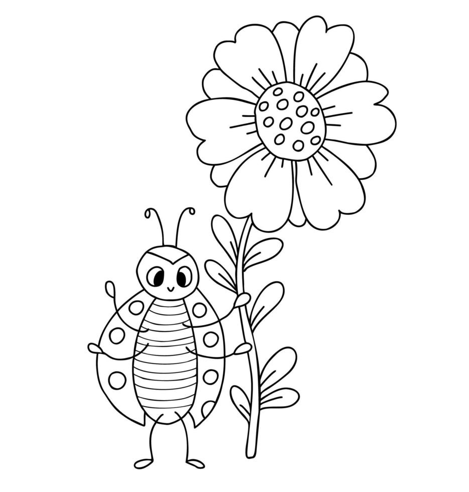 linda mariquita. pequeño insecto con flor grande. ilustración vectorial esquema de dibujo a mano. personaje de mariquita de garabato para colección infantil, coloración, diseño, decoración. vector