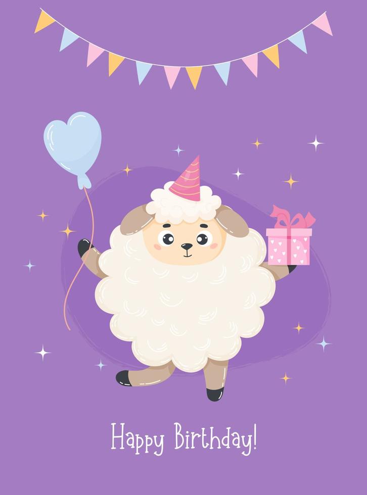 Cute sheep birthday with balloon, gift and garland. Happy birthday greeting card. Vector illustration in cartoon flat style.