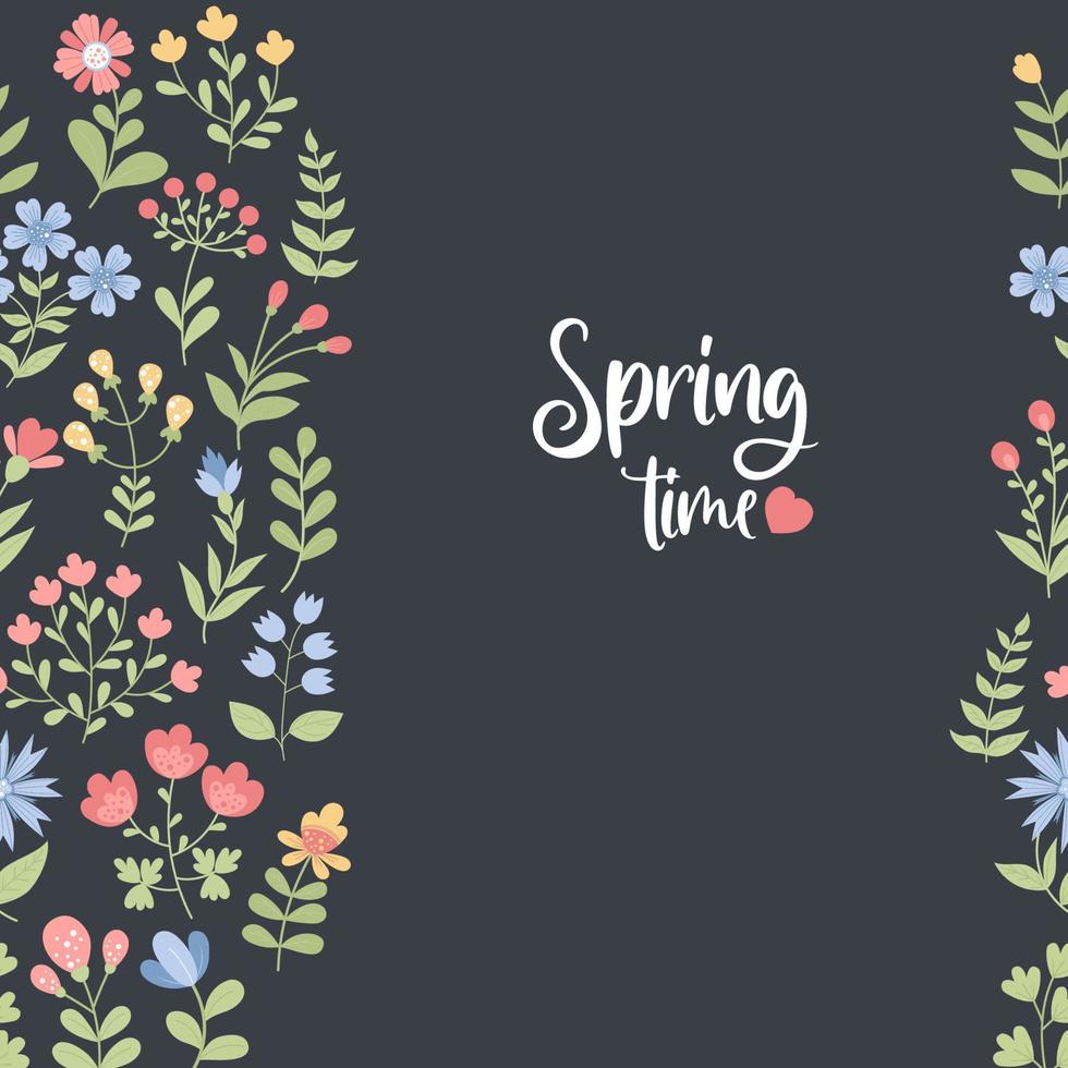 Spring time. Floral seamless pattern. Decorative flowers on black background. Vector illustration in flat style. Floral endless background for design, banners, cards, decor, packaging.