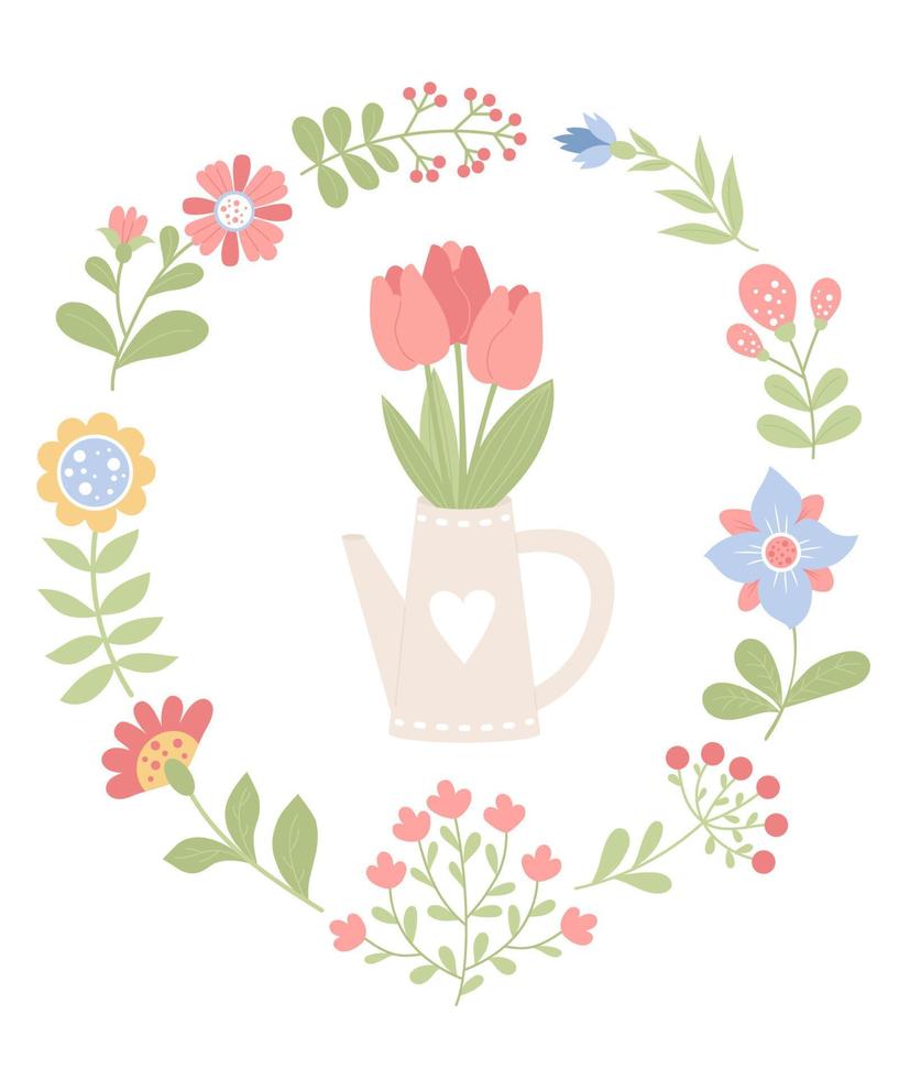 Spring postcard frame. Bouquet of tulips in garden watering can and variety of flowers. Vector illustration. Isolated elements in flat style for design, decor, postcards and print.