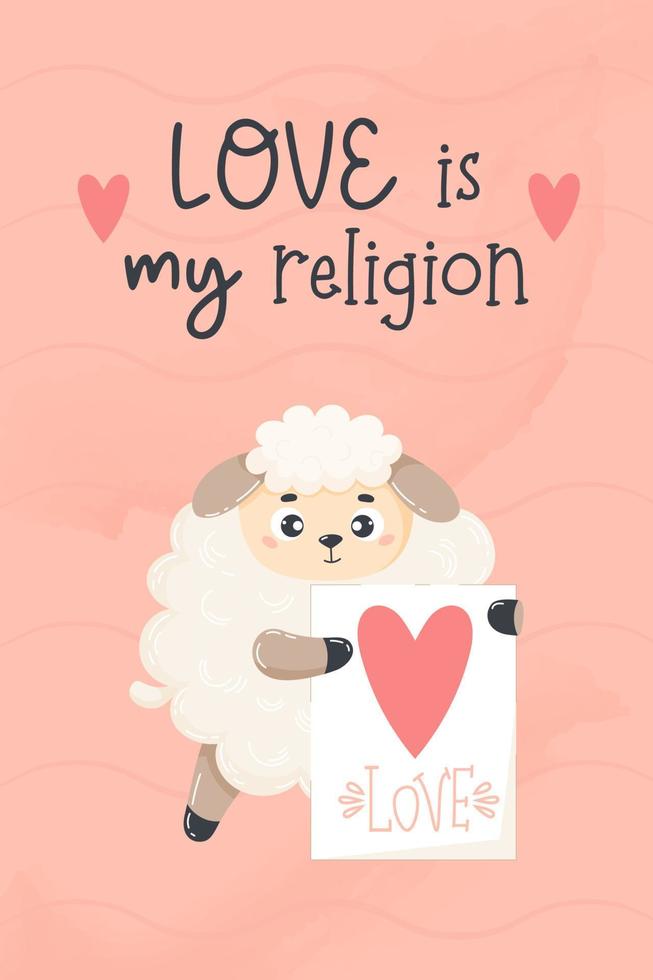 tarjeta romántica con lindas ovejas enamoradas. ilustración vectorial en estilo plano de dibujos animados. fresco cartel vertical de san valentín con inscripción el amor es mi religión. vector