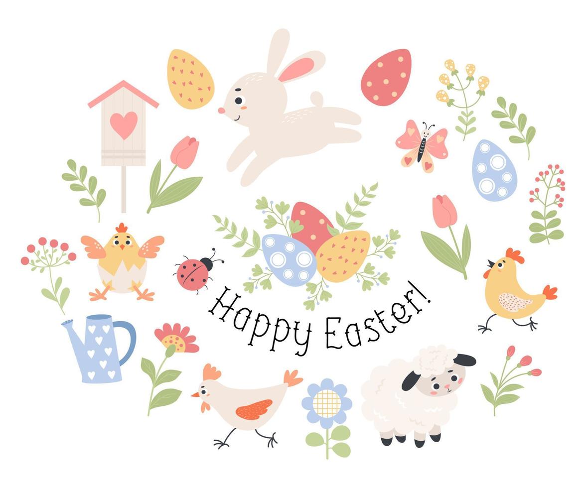 Spring Easter collection. Easter eggs, animals, insects and flowers. Vector illustration in flat style. Isolated holiday symbols in flat cartoon style for design, decor and kids collection.