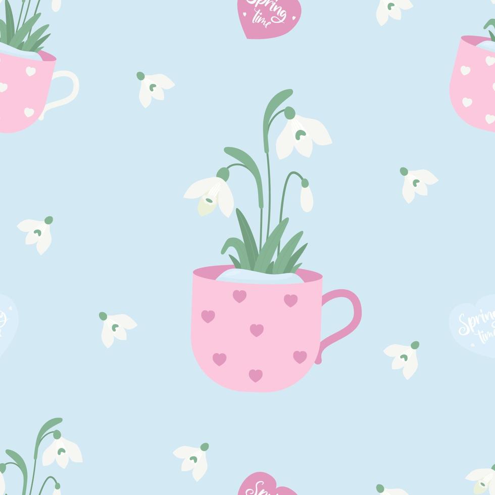 Floral seamless pattern. spring snowdrop flowers in cup on light blue background. Vector illustration. Botanical endless background for decor, design, packaging, wallpaper, textile