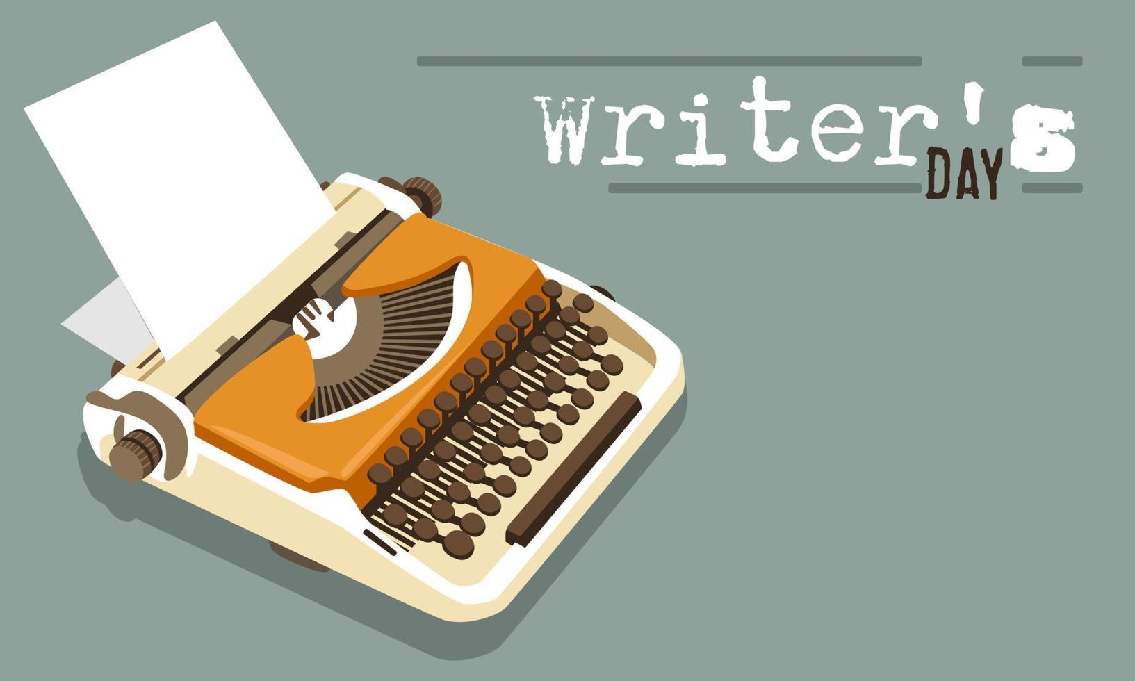 World Writer's Day. Writer's Day. A typewriter with printed text and a place for text. A banner of the World Writers' Day with a bright orange and white retro typewriter. Flat vector illustration.