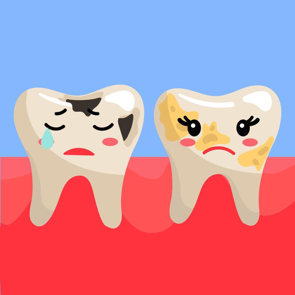 lindos dientes con emoticonos, después de comer. sucios y con caries, insatisfechos, dientes tristes de emociones. una niña y un niño y una inscripción. dientes en un estilo plano sobre un fondo azul de encías vector