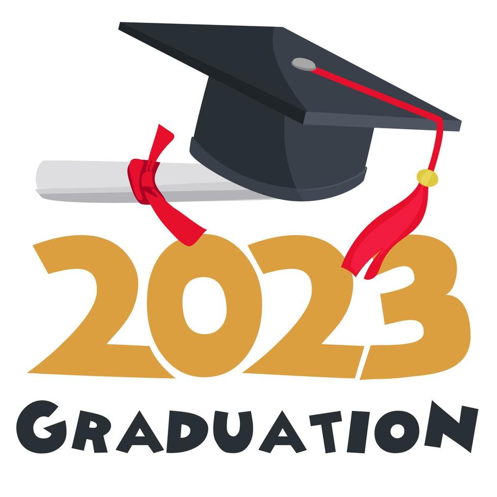 Vector illustration. Class 2023 badge design template in black and red colors. Congratulations to graduates 2023 banner sticker postcard with academic hat, diploma for graduation from high school