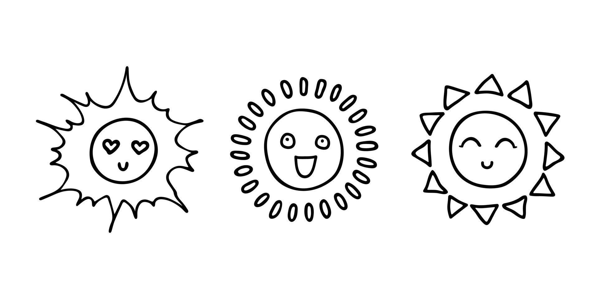 Hand drawn happy sun emoji. Summer doodle set. Vector elements for design