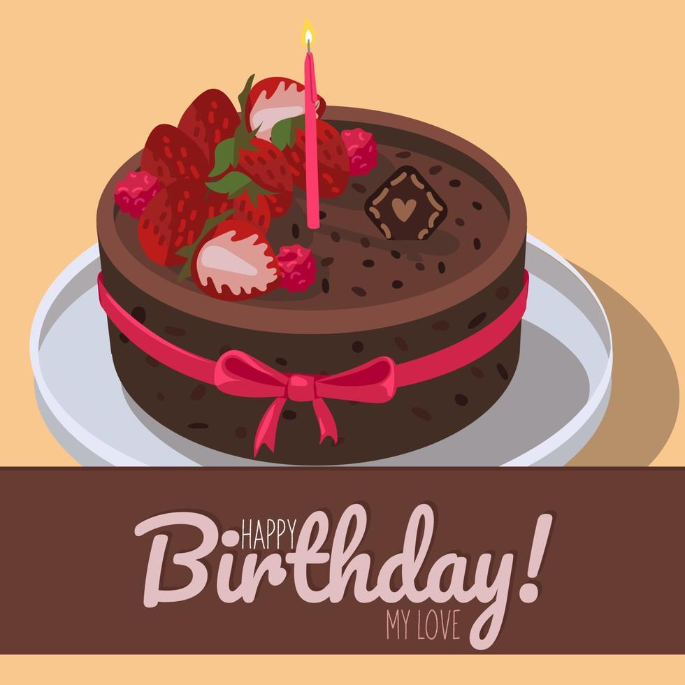 A greeting card with a large chocolate cake and the inscription Happy Birthday. Chocolate cake with strawberries and a candle on a plate. Vector illustration. Printing on a postcard, banner, flyer