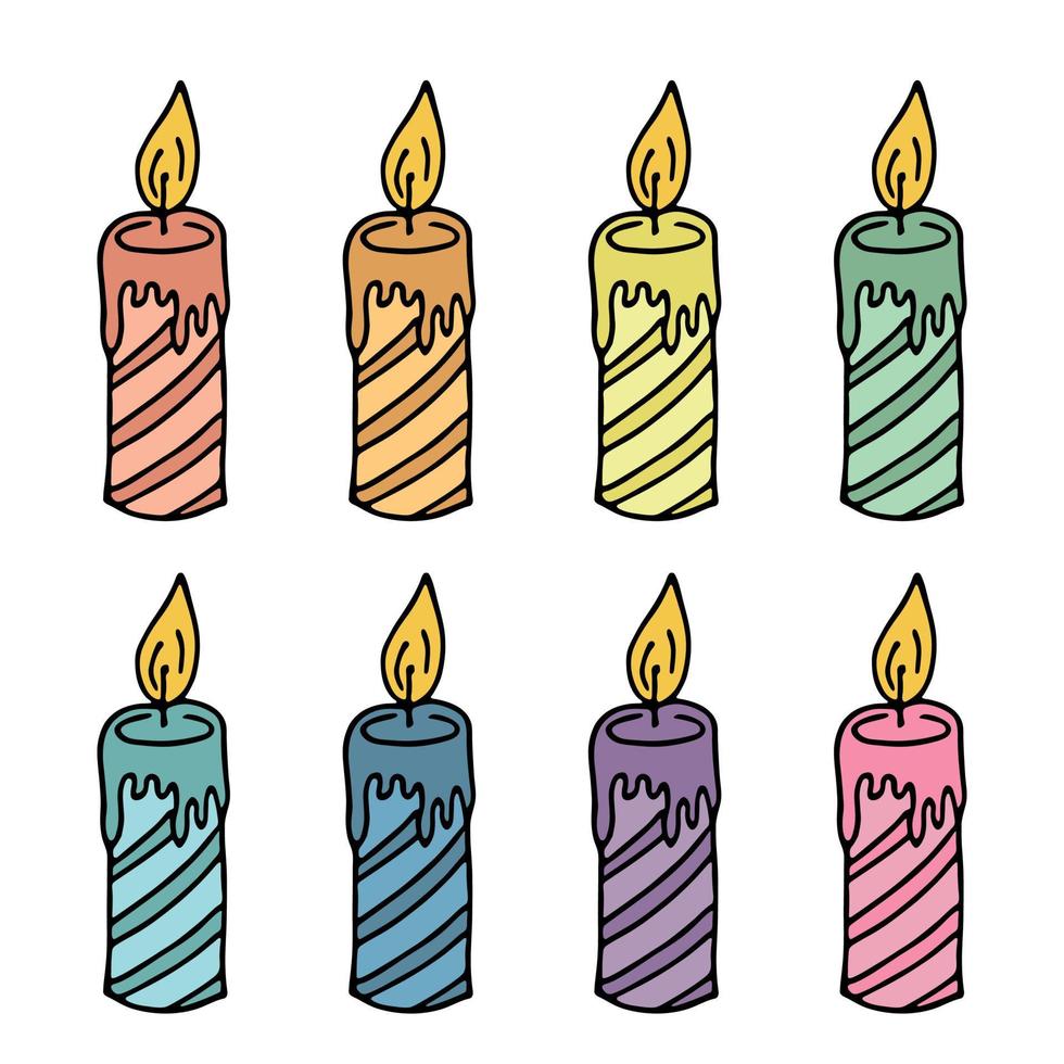 juego de velas de cumpleaños en llamas. ilustración de un solo garabato. clipart dibujado a mano para tarjeta, logotipo, diseño vector