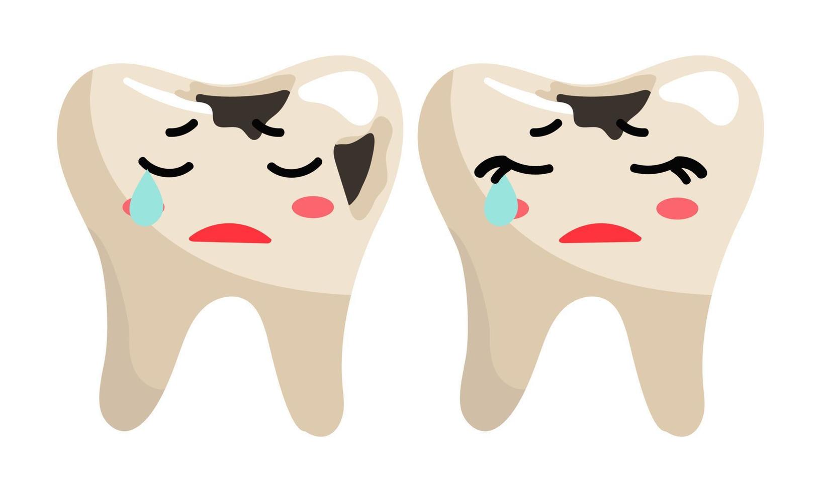 Cute teeth with emoticons, after eating. Teeth with caries cry from pain, teeth with emotions. A girl and a boy and an inscription. Teeth in a flat style on a white background vector