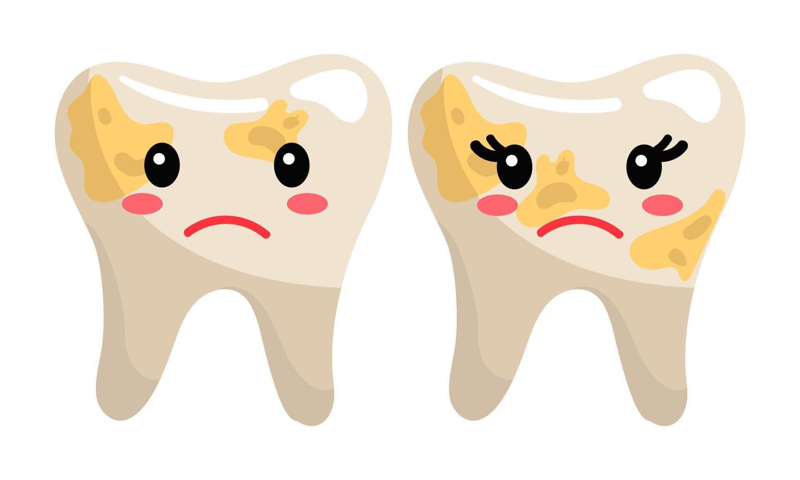 lindos dientes con caras sonrientes, después de comer. dientes sucios, uniformes, insatisfechos, tristes con emociones. una niña y un niño y una inscripción. dientes en un estilo plano sobre un fondo blanco vector