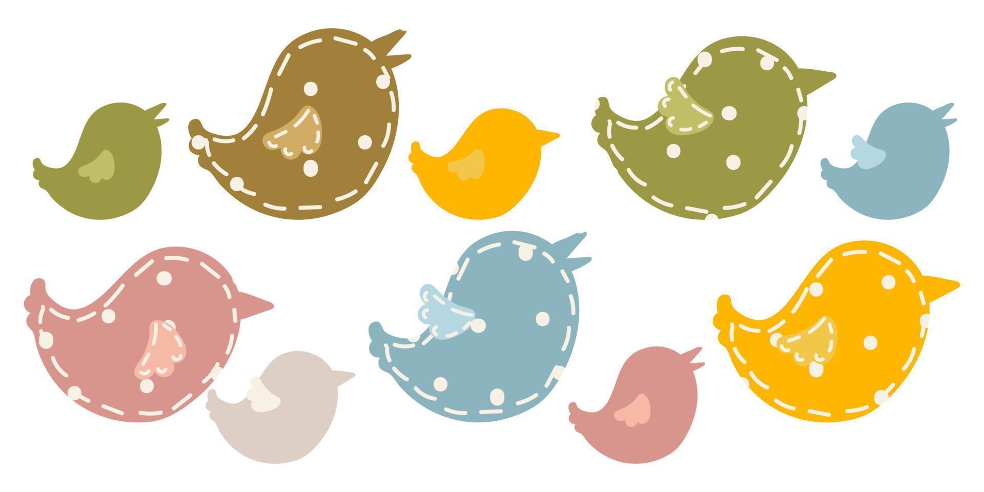 Birds with and without texture set vector illustration in color. The outline of the chicken is made of fabric in peas of different colors. Easter palette. Isolated vector illustration.