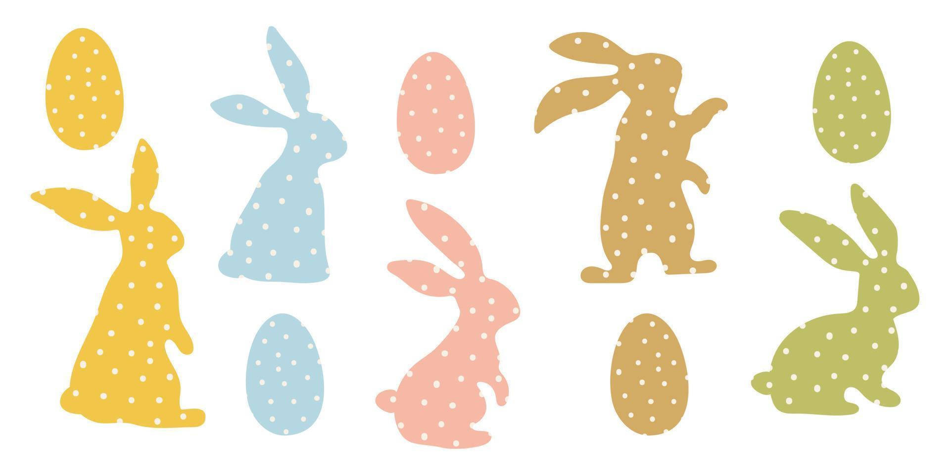 un conjunto de conejitos de pascua hechos de tela de lunares cosidos. huevo moderno, conejos para niños. conejo o liebre, un animal festivo de primavera con huevos de pascua. personaje de vector simple festivo de dibujos animados.