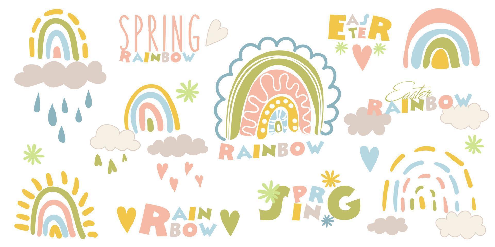 lindo conjunto de arco iris de colores. colección de ilustraciones vectoriales planas para niños. perfecto para niños, afiches, estampados, postales, tela. colores delicados e inscripciones de arcoíris. imprimir vector