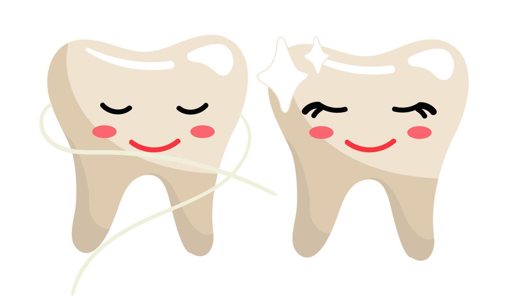 Cute toothy emoticons. They floss their teeth. Clean, even, joyful teeth with emotions. Dental floss and teeth with shine. A girl and a boy and an inscription. In a flat style on a white background vector