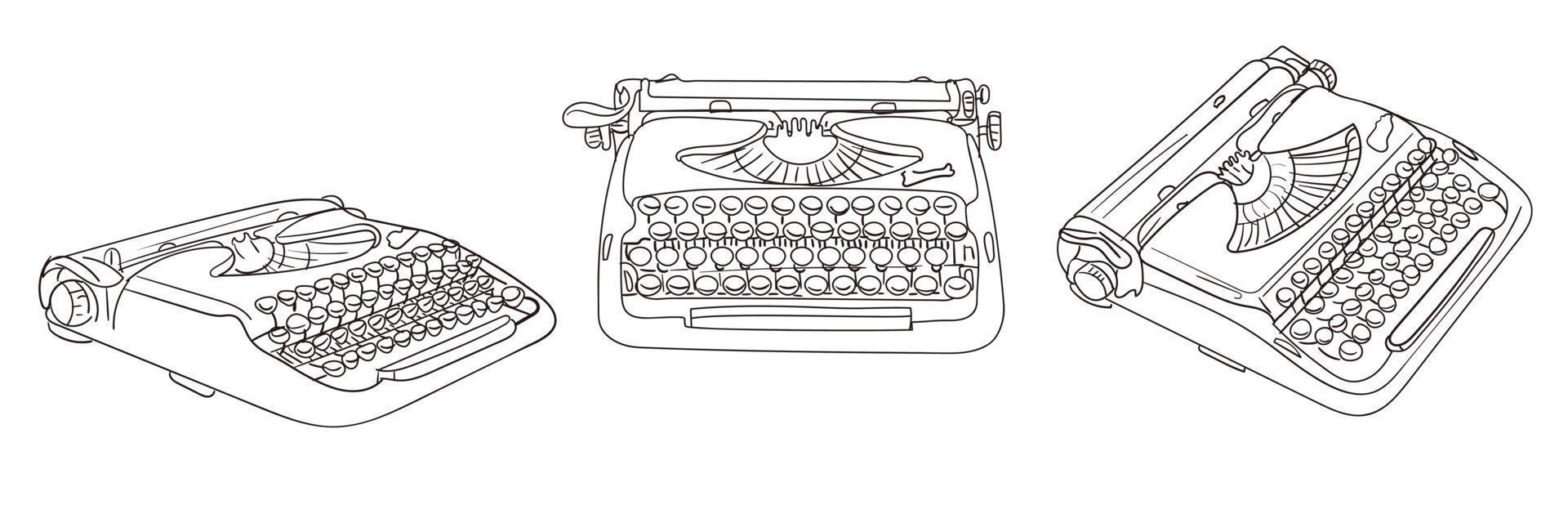 A set of contour typewriters for the holiday. Writer's Day. Poets' Day. Typewriter on a white background. World Writers' Day with a contour retro typewriter in different angles. Linear vector graphics