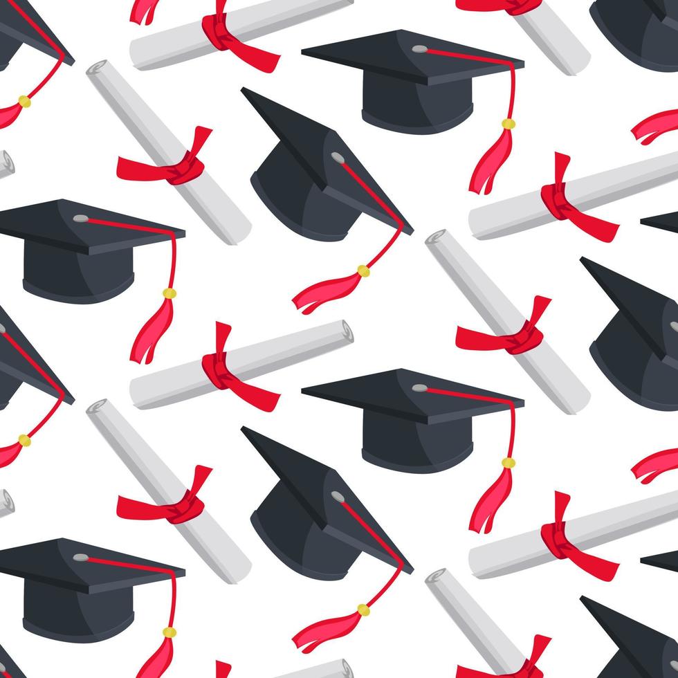 A pattern of graduation hats and diplomas for graduating from high school or college. Class 2023 in black and red colors. Congratulations to the graduates of 2023 background postcard. Packaging vector