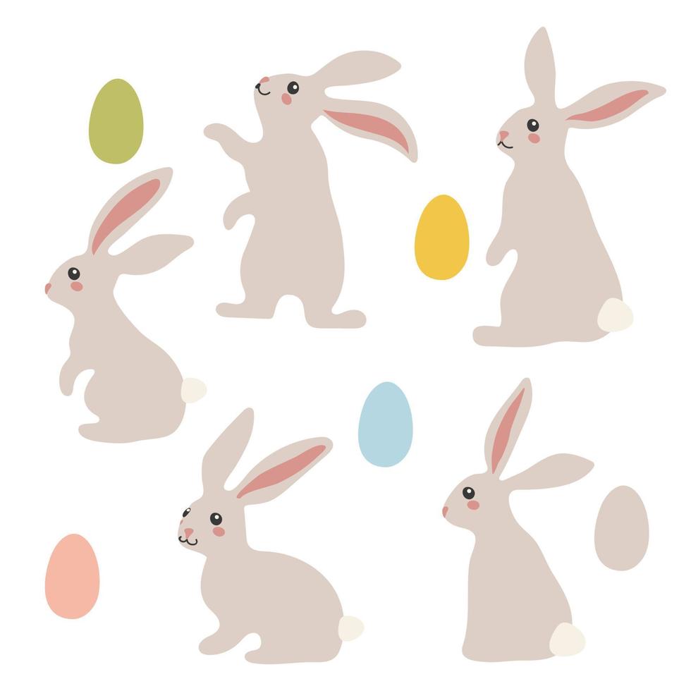 conejo de Pascua. huevo moderno, conejos para niños, de pie con un cartel. conejo o liebre, un animal festivo de primavera con huevos de pascua. personaje de vector simple festivo de dibujos animados. conejo gris y huevos de colores