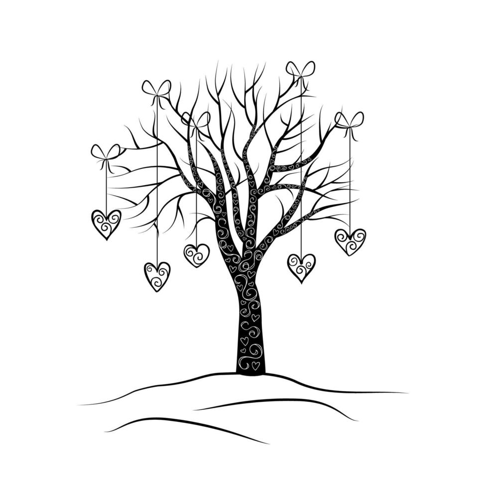 dibujo de un árbol con corazones llenos de un patrón de espirales sobre un fondo blanco. ilustración vectorial vector