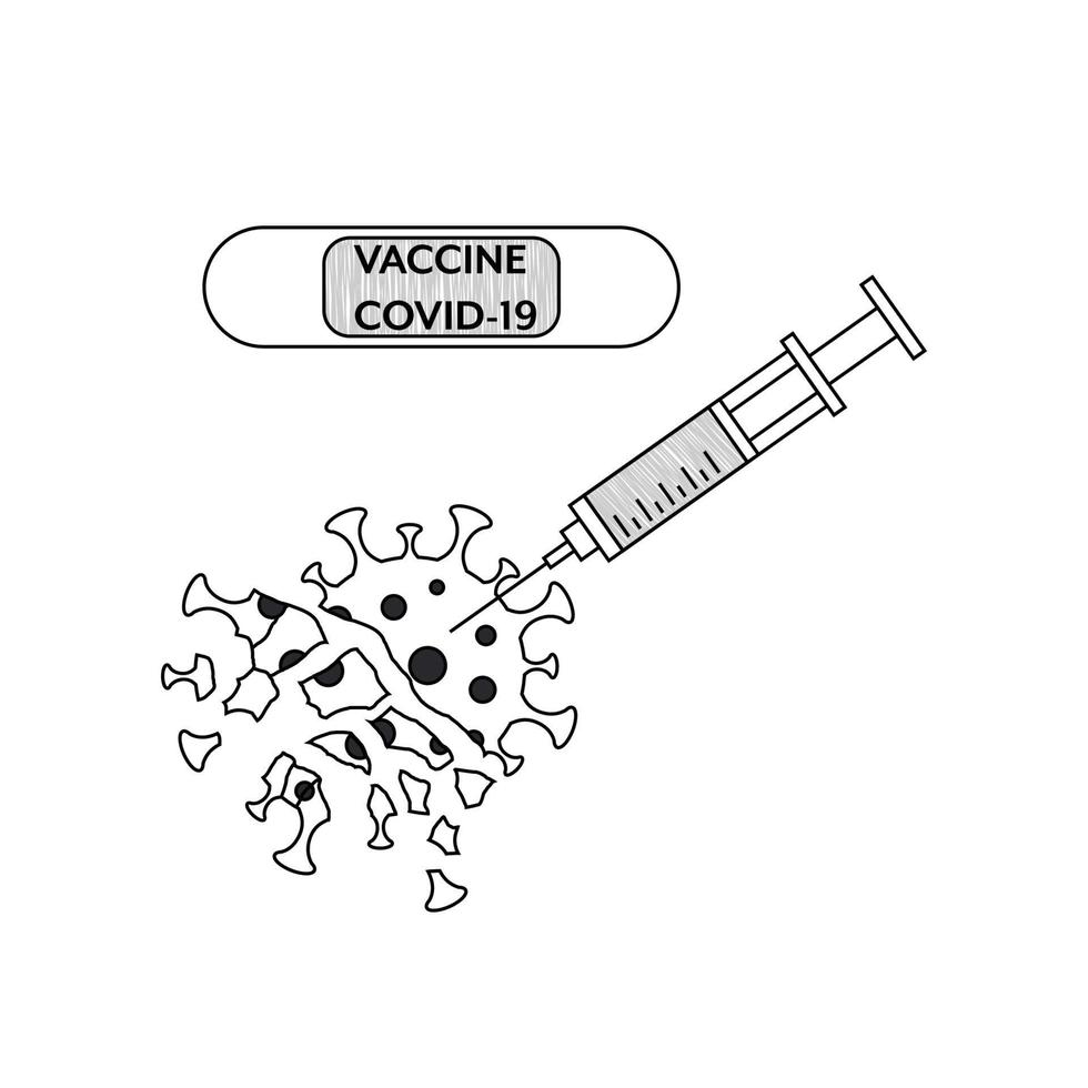 Illustration of a syringe with a vaccine that destroys the molecules of the COVID - 19 virus. Vector black and white illustration.