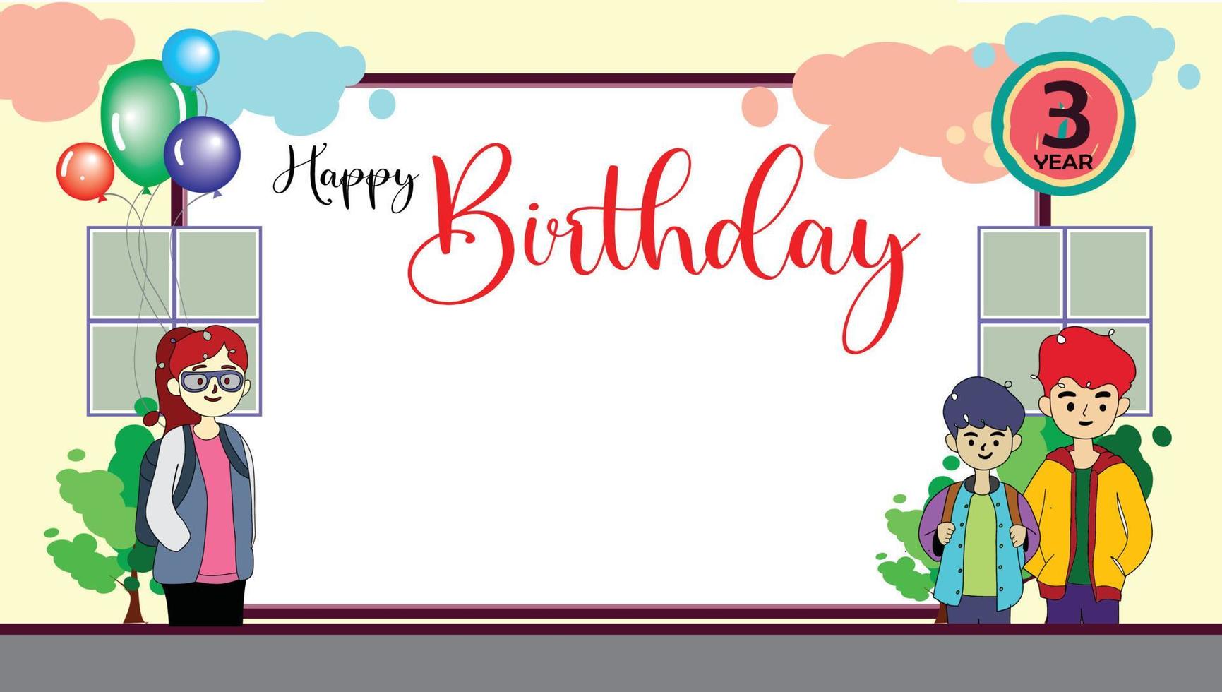 Happy birthday greeting cards with blank space areas and cartoon characters. Balloon icon. Glitter love. vector