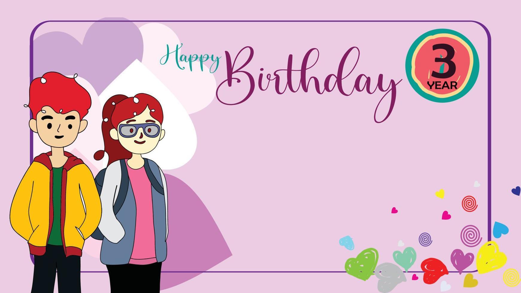 tarjetas de felicitación de feliz cumpleaños con áreas de espacio en blanco y personajes de dibujos animados. icono de globo. amor brillo. vector
