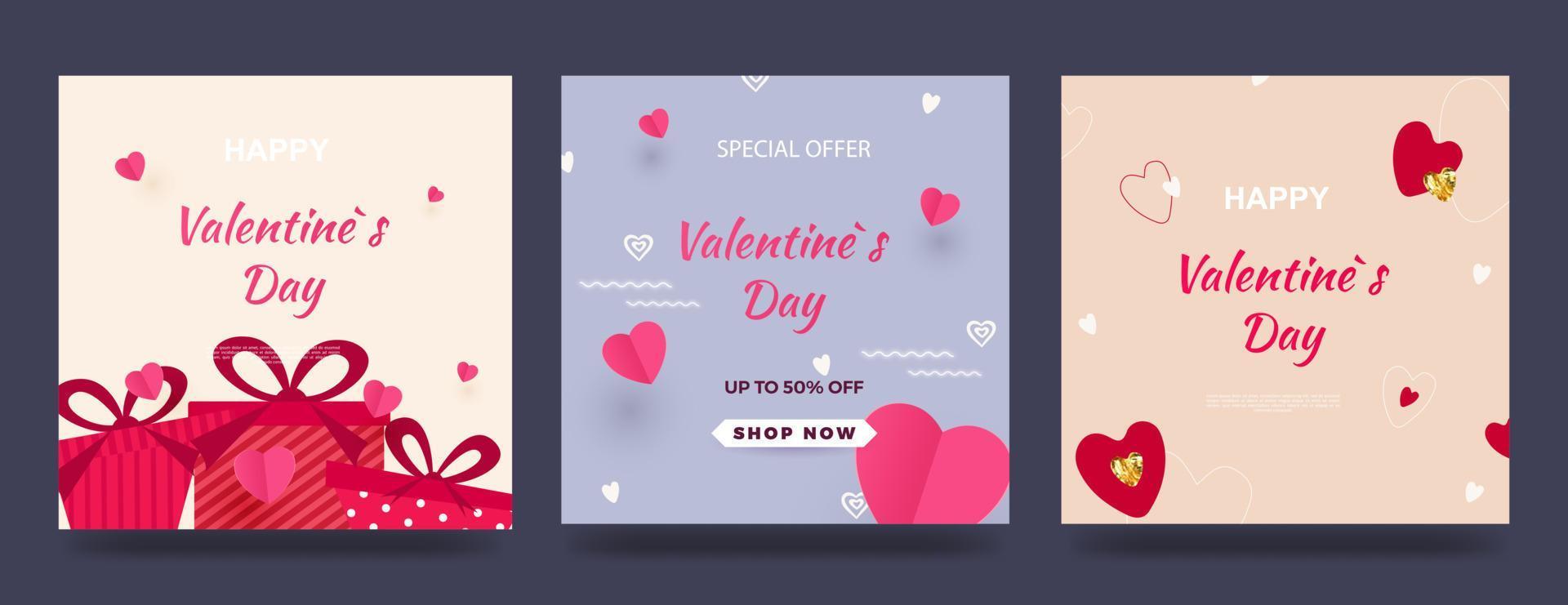 Happy Valentine s day sale poster. Set of cards with hearts and gifts. Vector illustration for website, banners, ads, coupons, promotional materials. Vector illustration