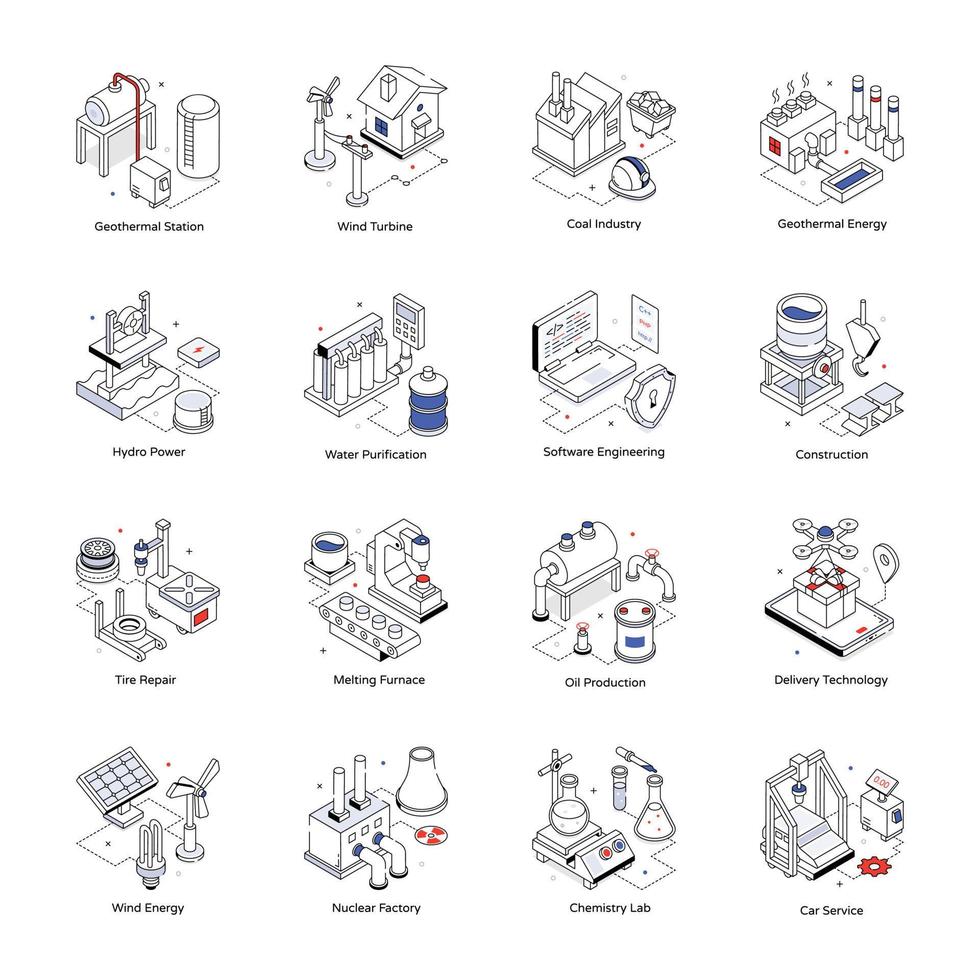 paquete de iconos isométricos de ingeniería industrial vector