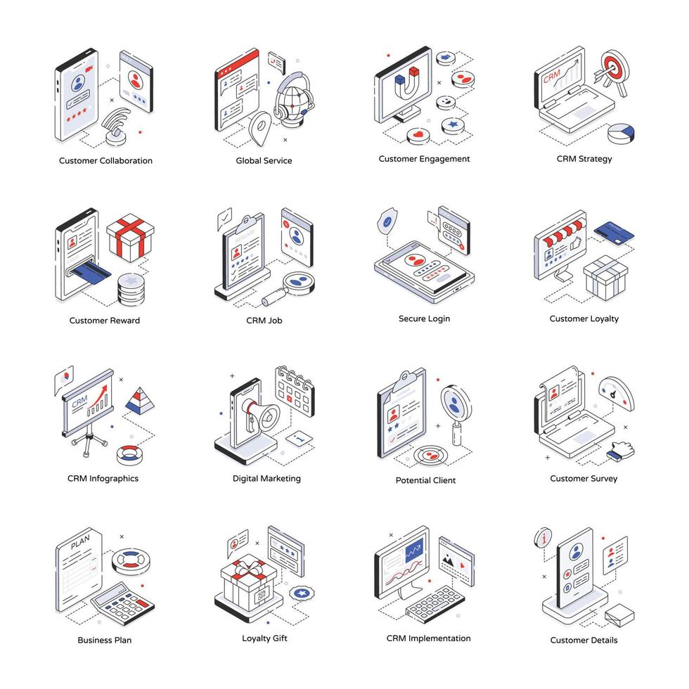 iconos isométricos de soluciones crm de moda vector