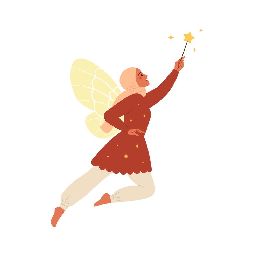 Cute fairy with magic wand in her hand. Mythical fairy tale character. Flat vector illustration.